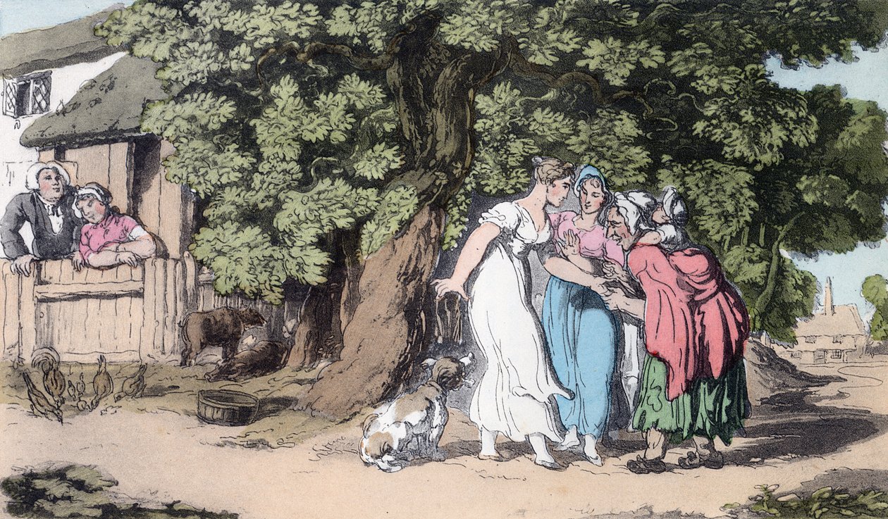 Fortune-Telling, illustration från "The Vicar of Wakefield" av Oliver Goldsmith, pub. Ackermann, 1817 (handfärgad akvatint) av Thomas Rowlandson