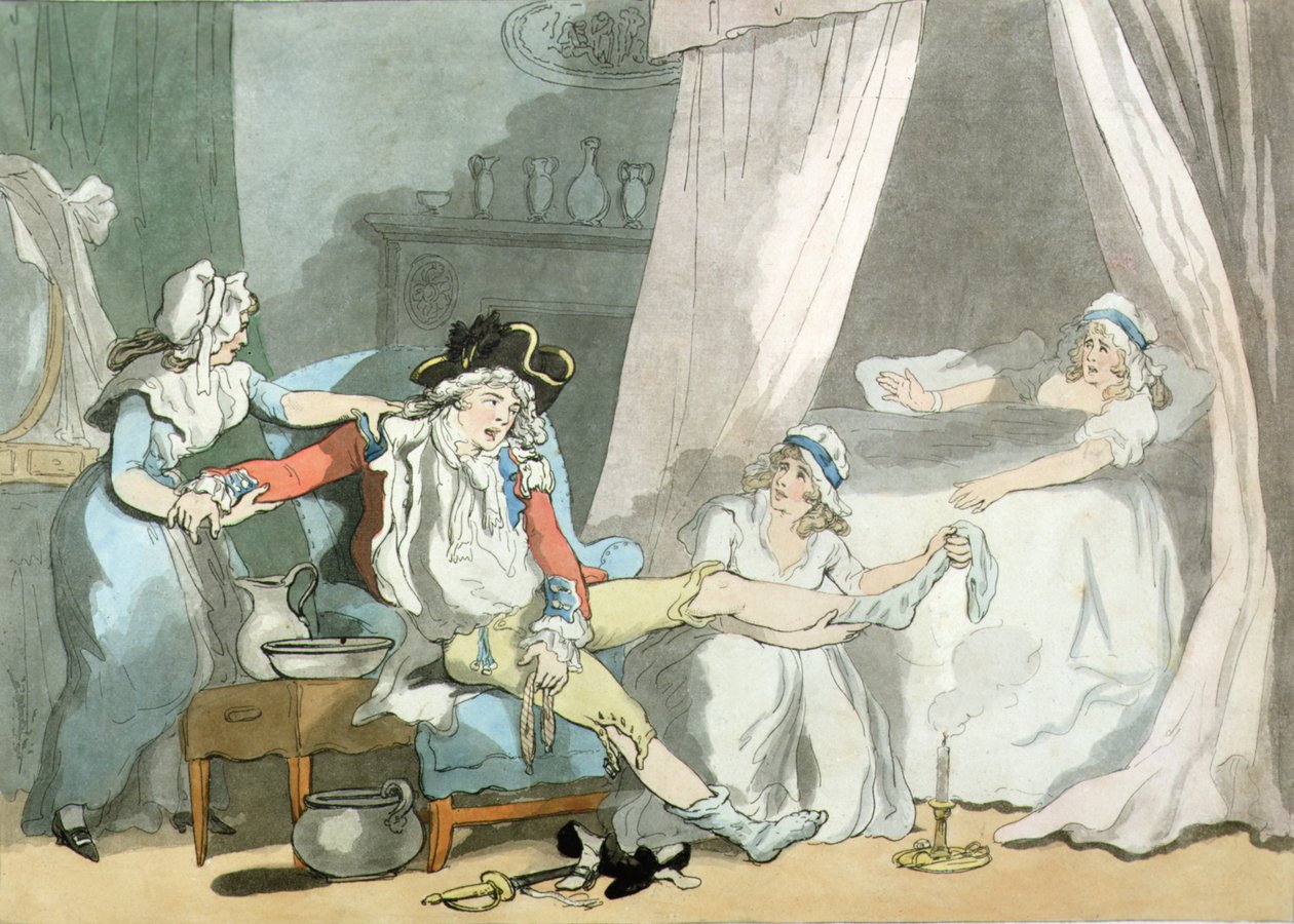 Klockan fyra i stan, pub. 1788 (färgad etsning med akvatint) (par 125721) av Thomas Rowlandson