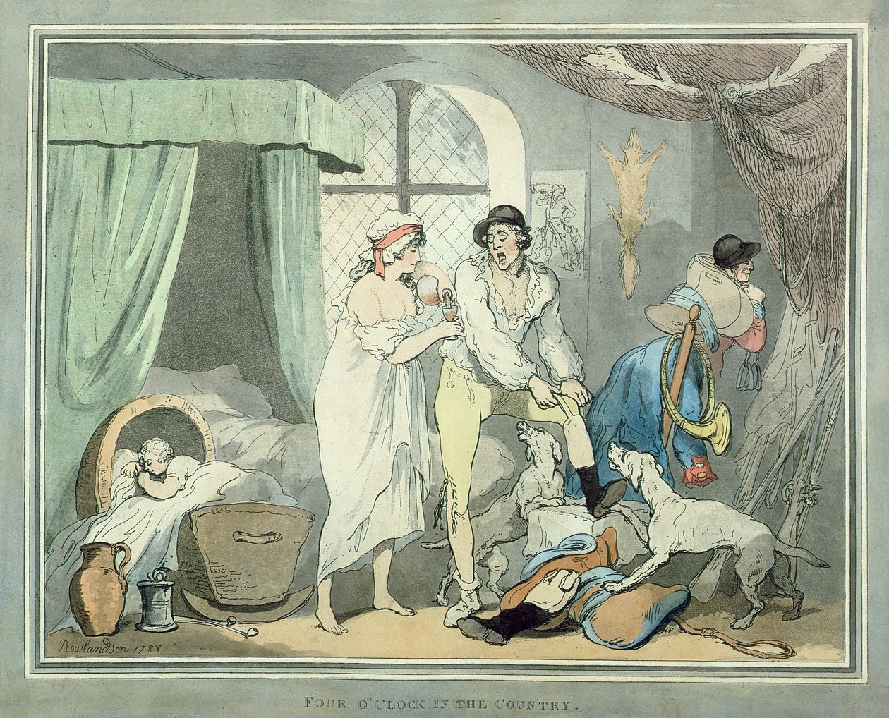 Klockan fyra på landet, pub. 1788 (färgad etsning med akvatint) (par 125720) av Thomas Rowlandson