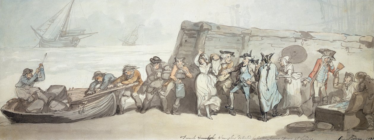 Franska smugglare upptäckt av tulltjänstemän vid Landing, 1790 (penna & bläck, wc och bläcktvätt på papper) av Thomas Rowlandson