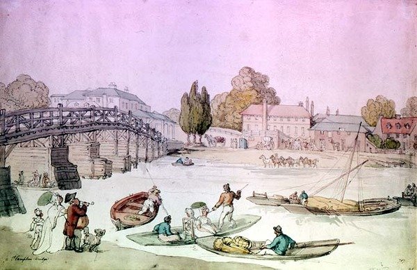 Hampton Bridge med Punts och pråmar (wc) av Thomas Rowlandson