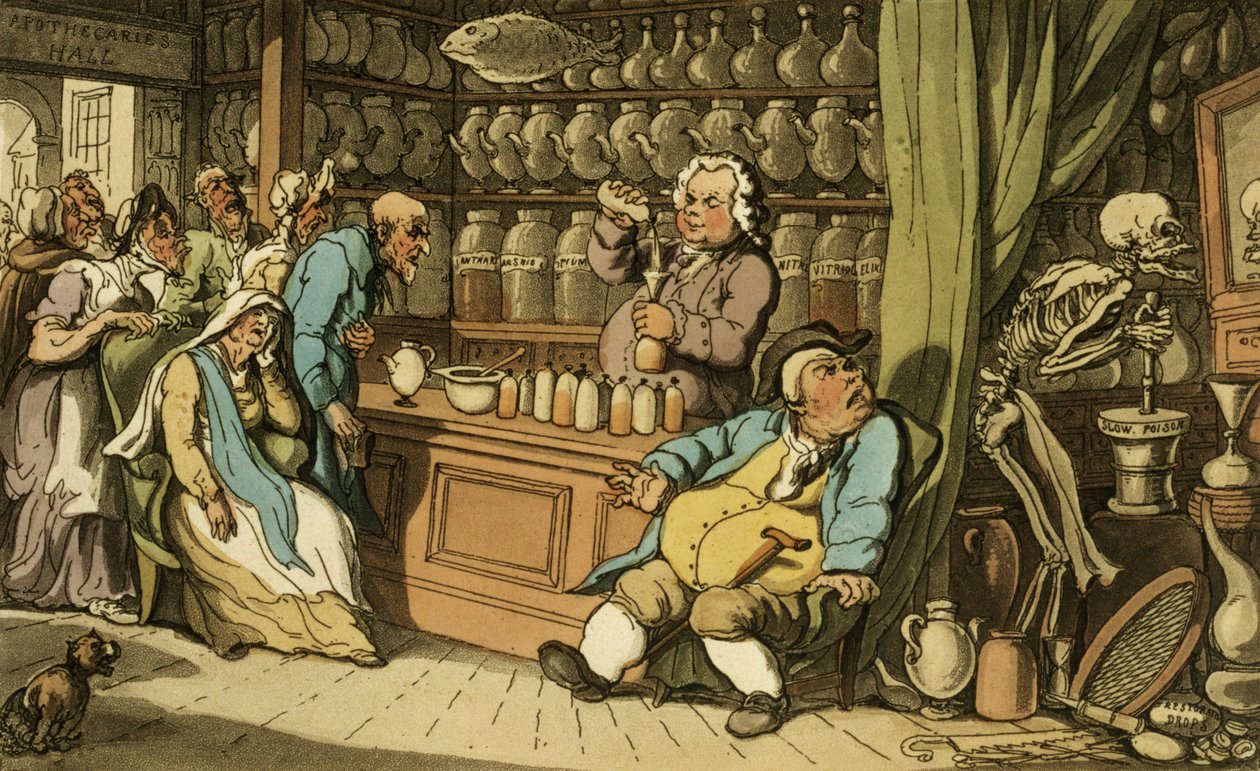 Jag har en hemlig konst att bota varje sjukdom som män utsätts för, från puben "English Dance of Death". av Rudolph Ackermann (1764-1834) 1814 (akvatint) av Thomas Rowlandson