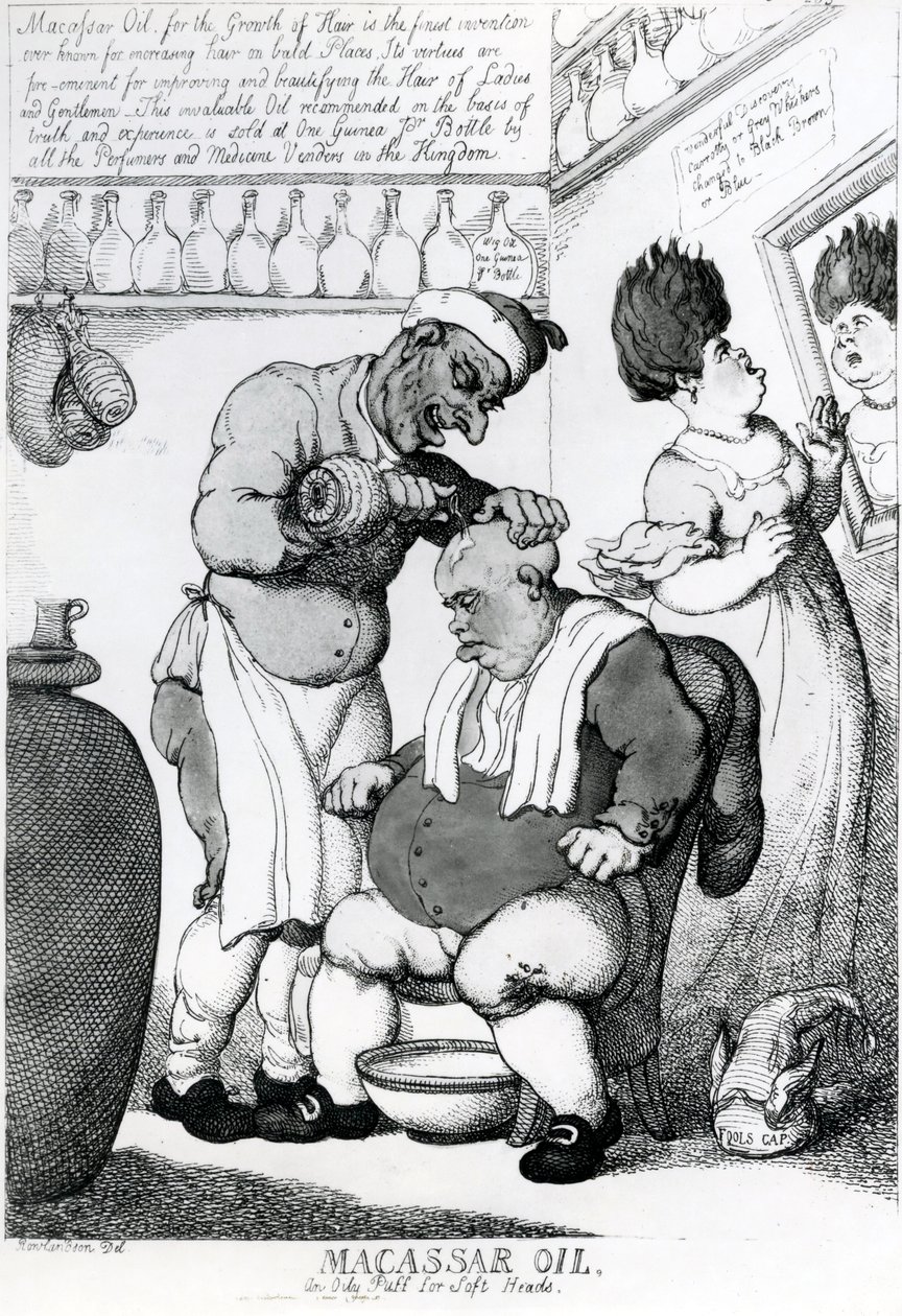 Massacar Oil, en oljig puff för mjuka huvuden, 1814 av Thomas Rowlandson