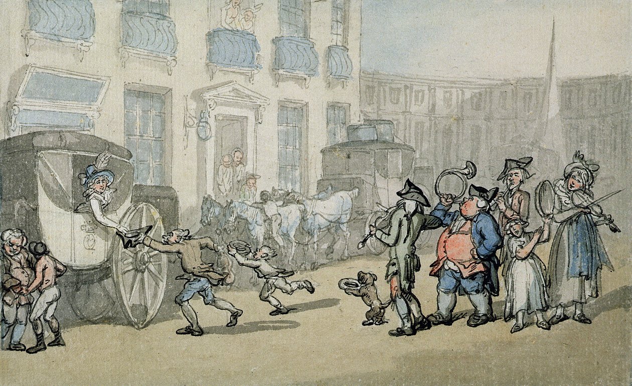 Matthew Brambles resa till Bath: Ankomst till Bath (wc, penna, bläck och blyerts på papper på monter) av Thomas Rowlandson