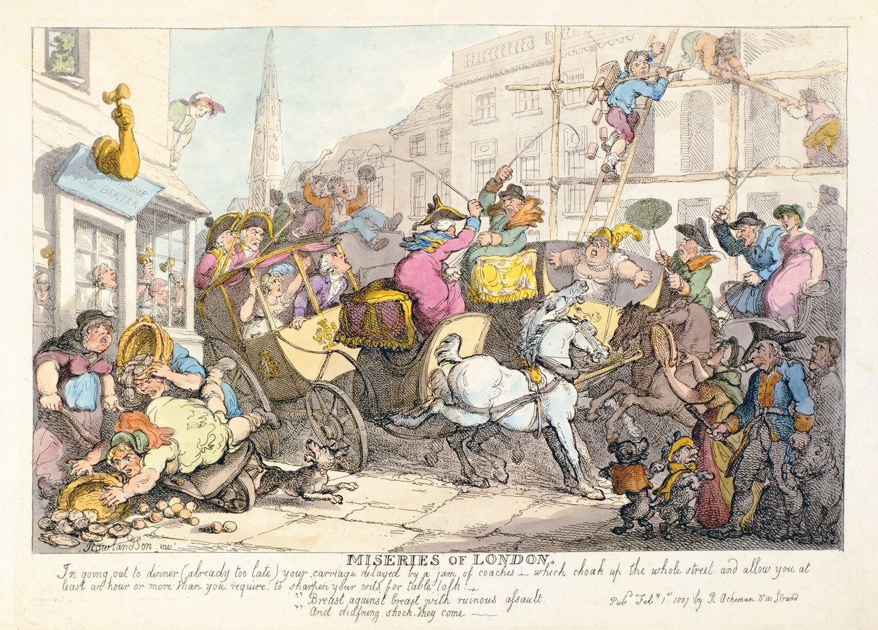 Miseries of London: Bröst mot bröst med ruinerande överfall och dödlig chock de kommer, pub. av Ackermann, 1807 av Thomas Rowlandson