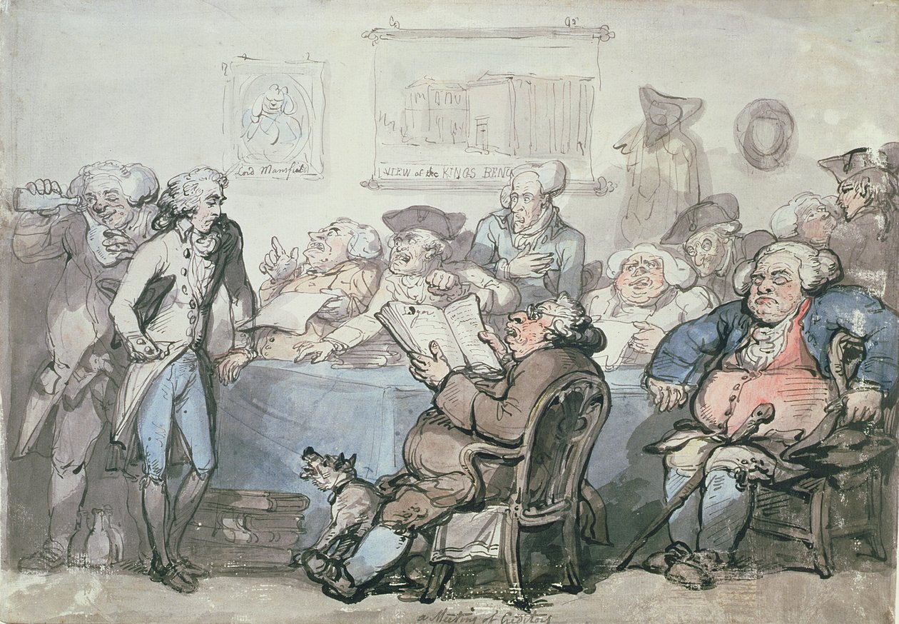 No.1744 Ett borgenärsmöte (penna, bläck och wc på papper) av Thomas Rowlandson