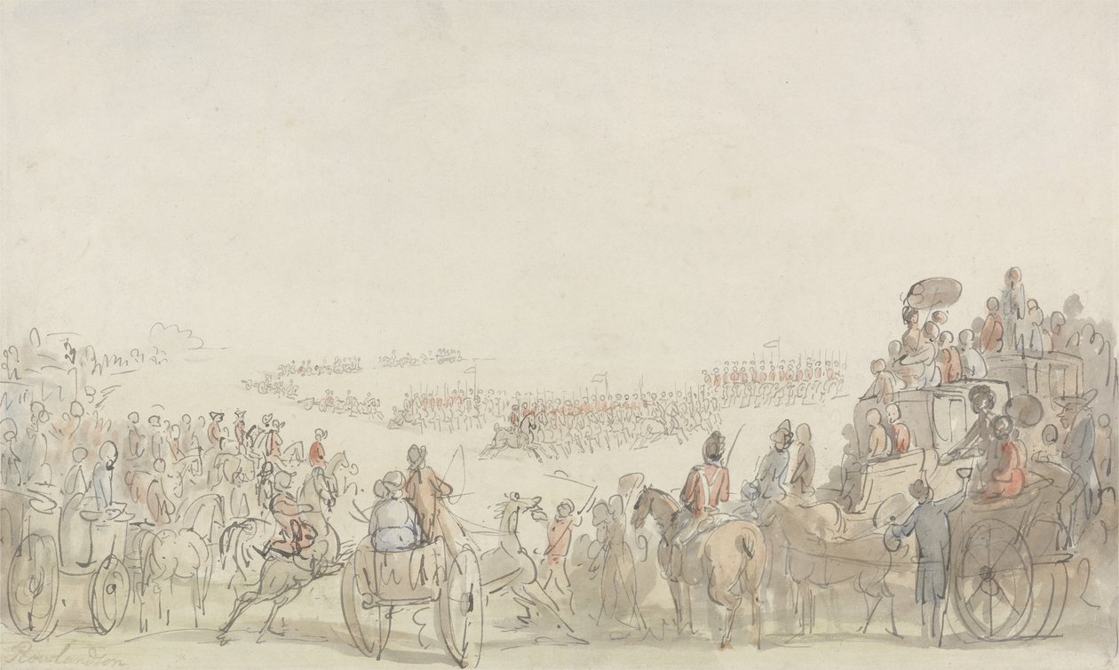 Recension av Light Horse Volunteers på Wimbledon Common, 1798 (penna och bläck med wc över grafit på papper) av Thomas Rowlandson