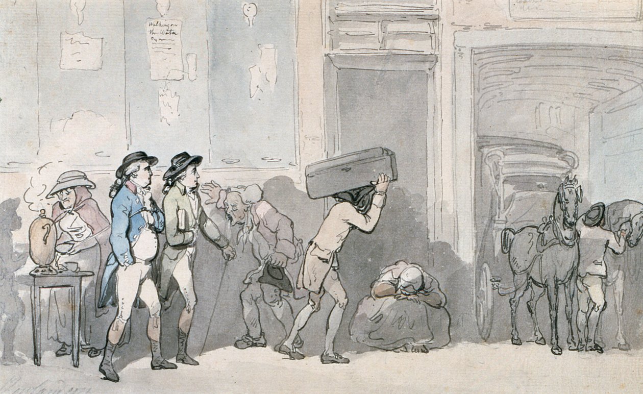 Rowlandson och Wigstead (1745-93) Anländer till ett värdshus (penna och grått bläck och wc på papper) av Thomas Rowlandson