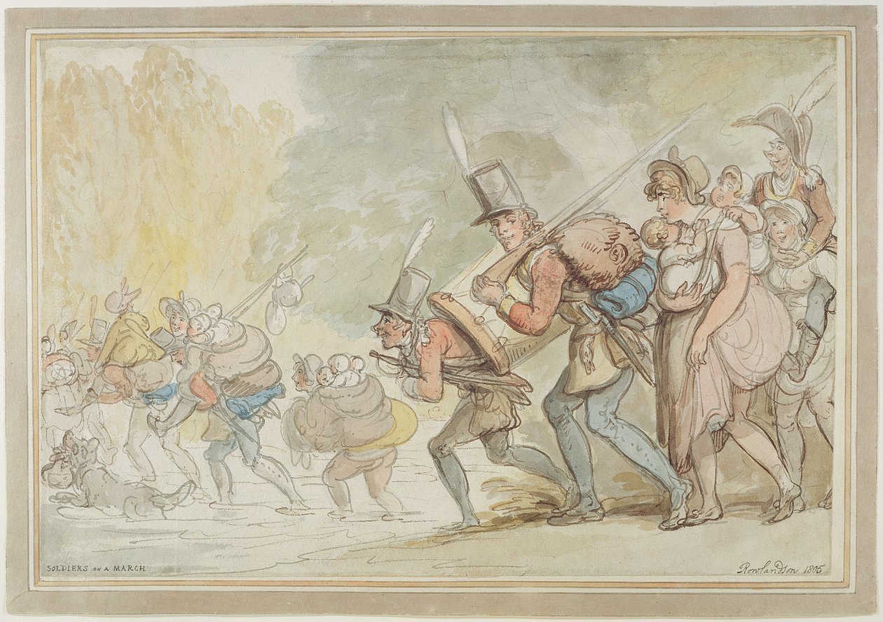 Soldater på en mars, 1805 (penna och bläck och akvarell på papper) av Thomas Rowlandson