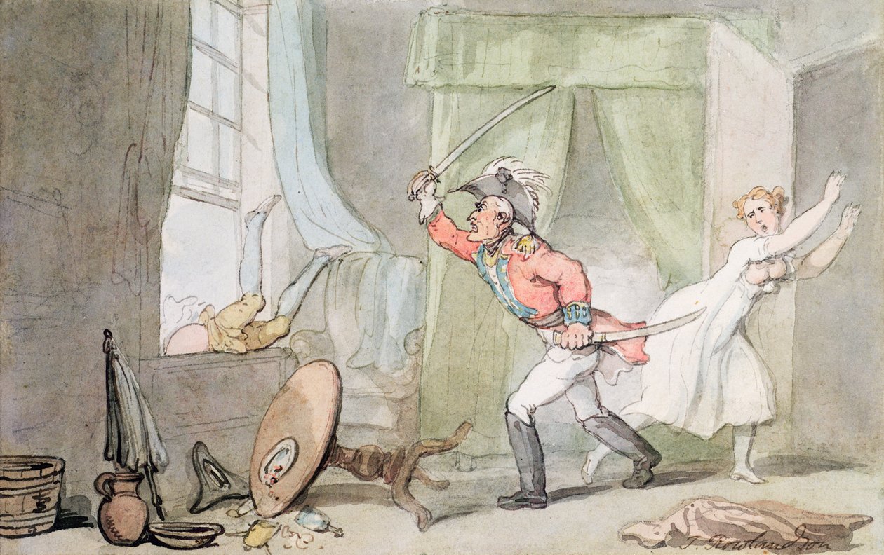 The Angry Husband (penna och bläck med tvättar) av Thomas Rowlandson