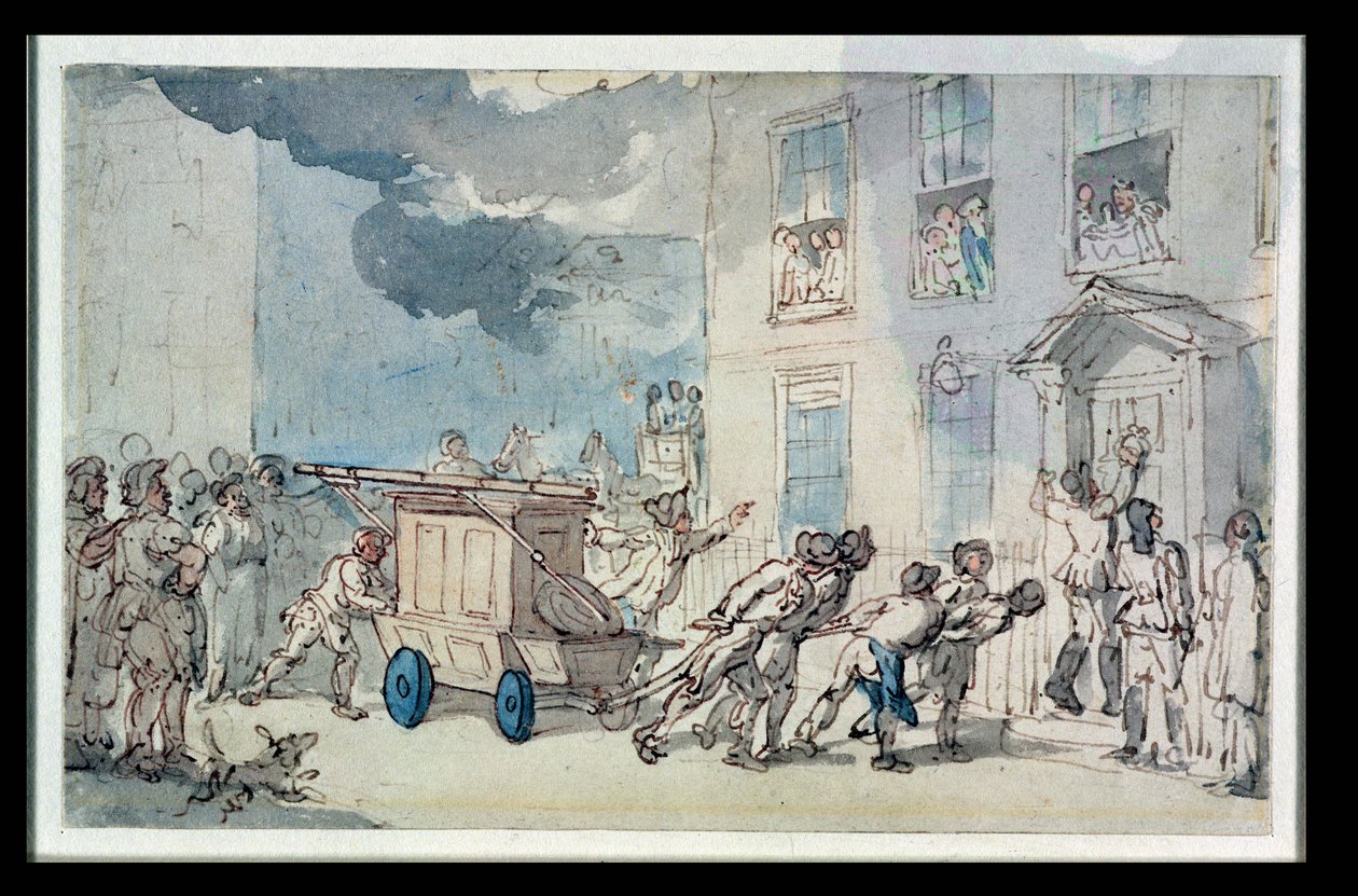 Brandbilens ankomst (wc, penna och bläck, penna och pastell på papper) av Thomas Rowlandson