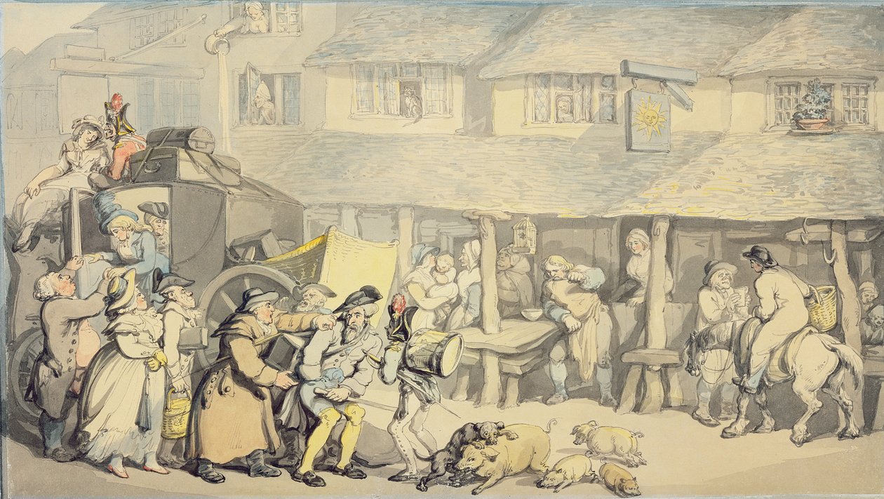 Scencoachens ankomst till Sun Inn, Bodmin, Cornwall (wc och penna och svart bläck över grafit på papper) av Thomas Rowlandson