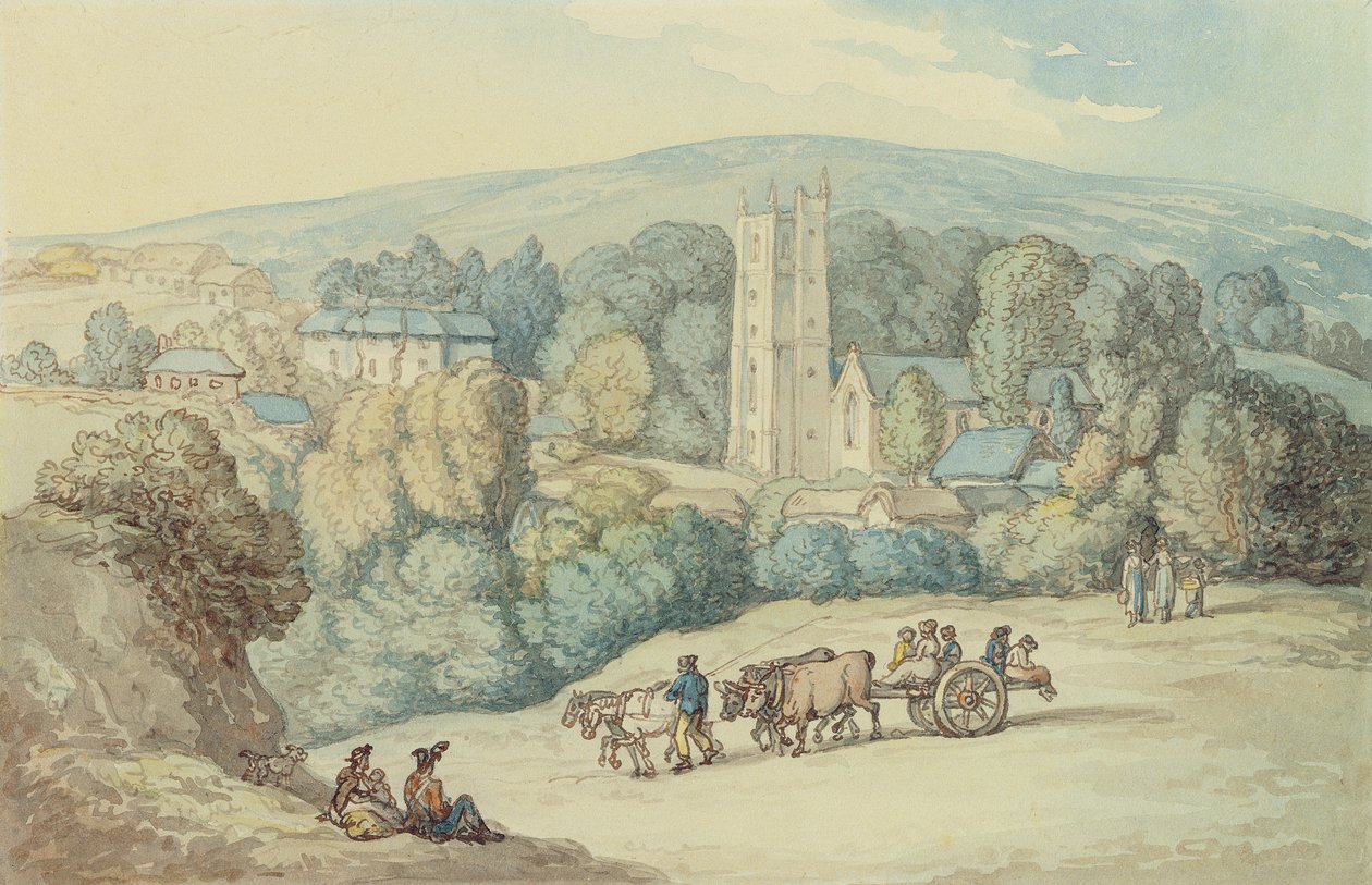 Kyrkan och byn St. Cue, Cornwall, ca 1812 (penna och bläck och wc på grafit på papper) av Thomas Rowlandson
