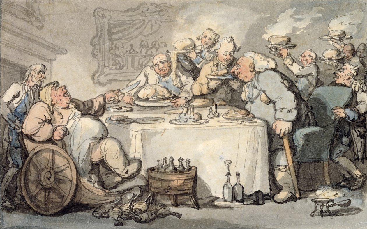 The Comforts of Bath: Gouty Gourmand på middag (wc på papper) av Thomas Rowlandson