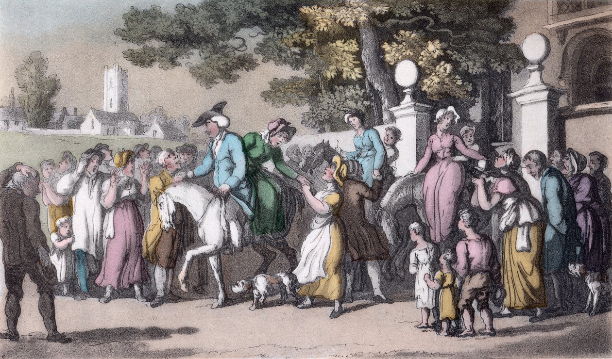 Avresan från Wakefield, illustration ur "The Vicar of Wakefield" av Oliver Goldsmith, pub. Ackermann, 1817 (handkolorerad akvatint) av Thomas Rowlandson