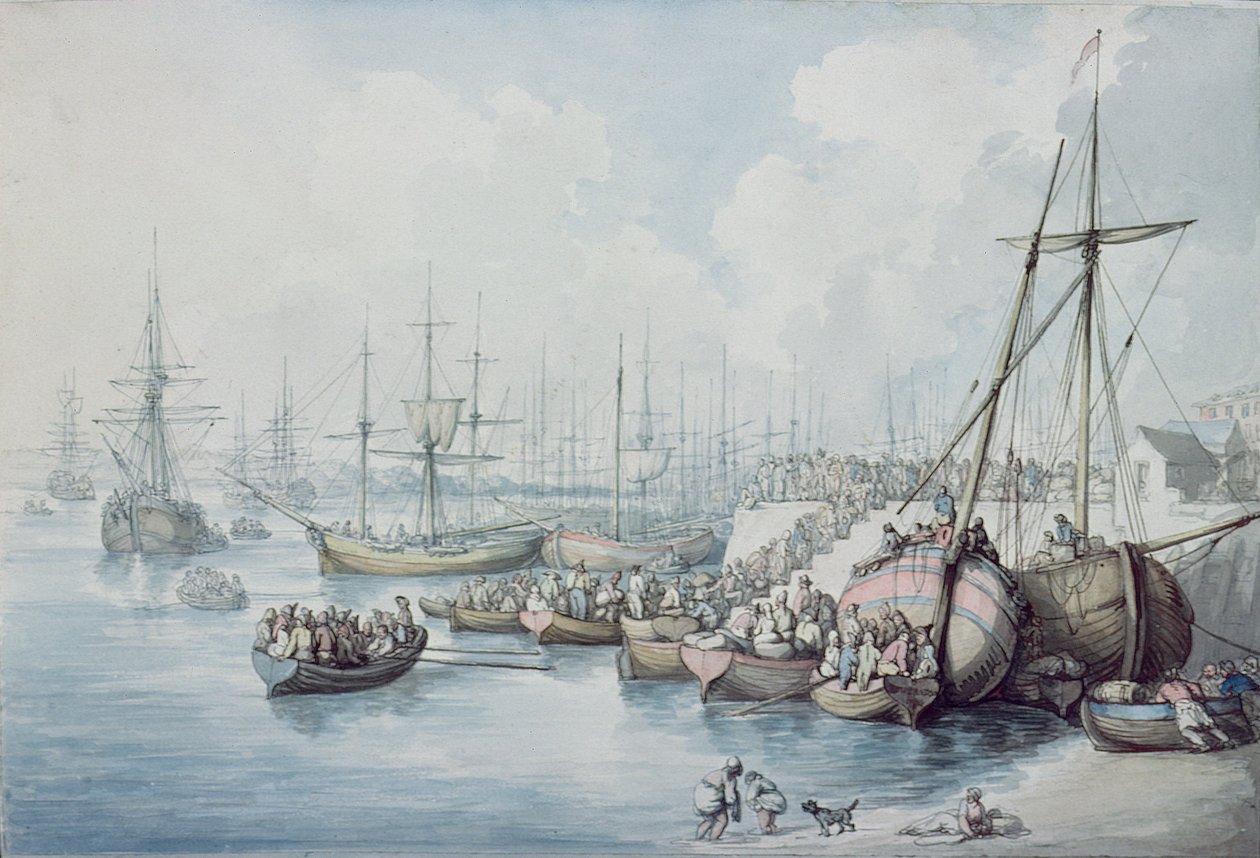 Kuahirishwa kwa Wana Royalists wa Toulon huko Southampton mnamo 1794 kulifanyika av Thomas Rowlandson