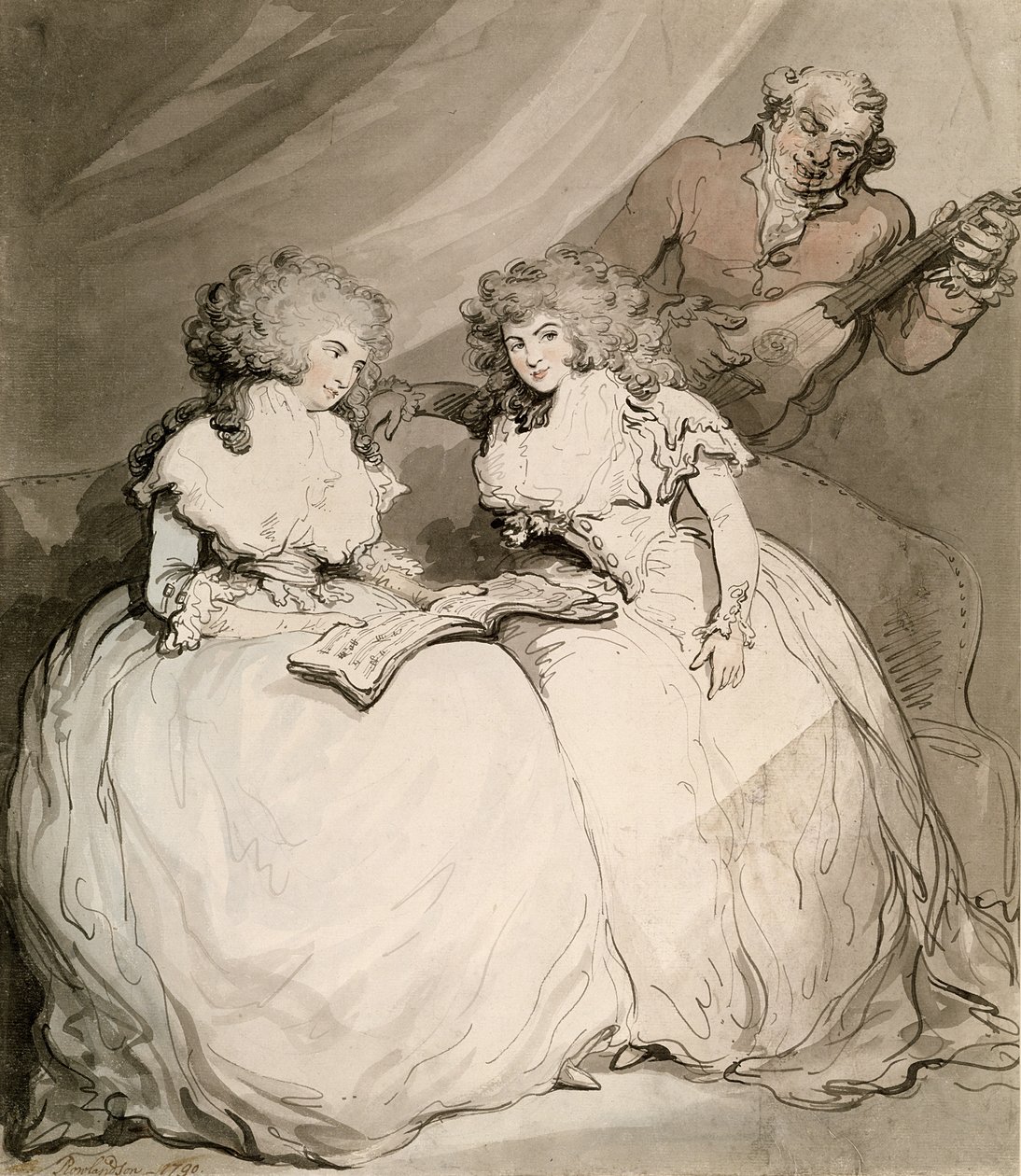 Hertiginnan av Devonshire och hennes syster, grevinnan av Bessborough (wc med penna och svart bläck över penna på papper) av Thomas Rowlandson