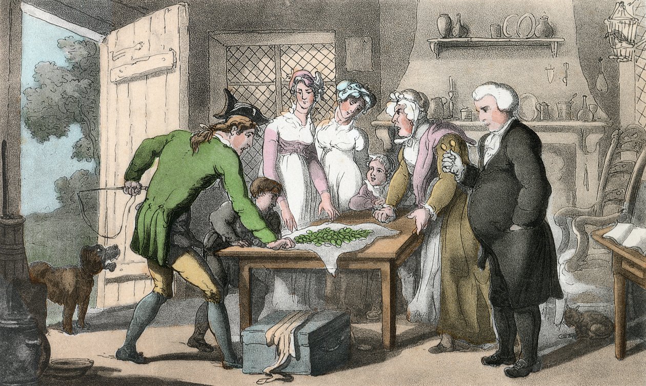 The Gross of Green Spectacles, illustration från "The Vicar of Wakefield" av Oliver Goldsmith, pub. Ackermann, 1817 (handfärgad akvatint) av Thomas Rowlandson