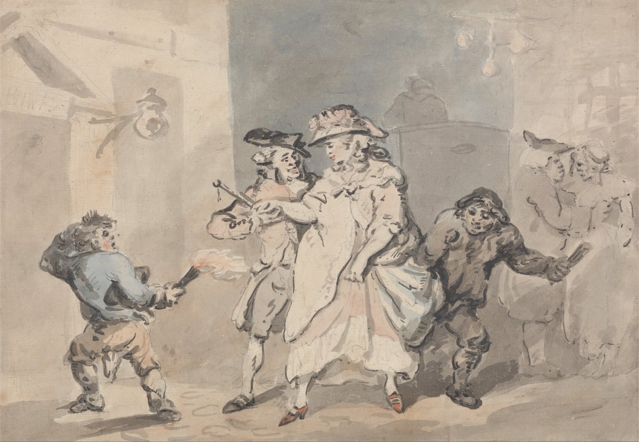 The Inn Door (A Man escorted by two link boys to a door to the left) av Thomas Rowlandson