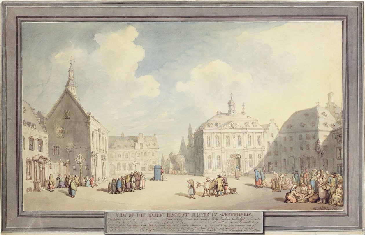 Marknaden i Juliers i Westfalen, 1791 (penna och bläck och akvarell över grafit på papper) av Thomas Rowlandson
