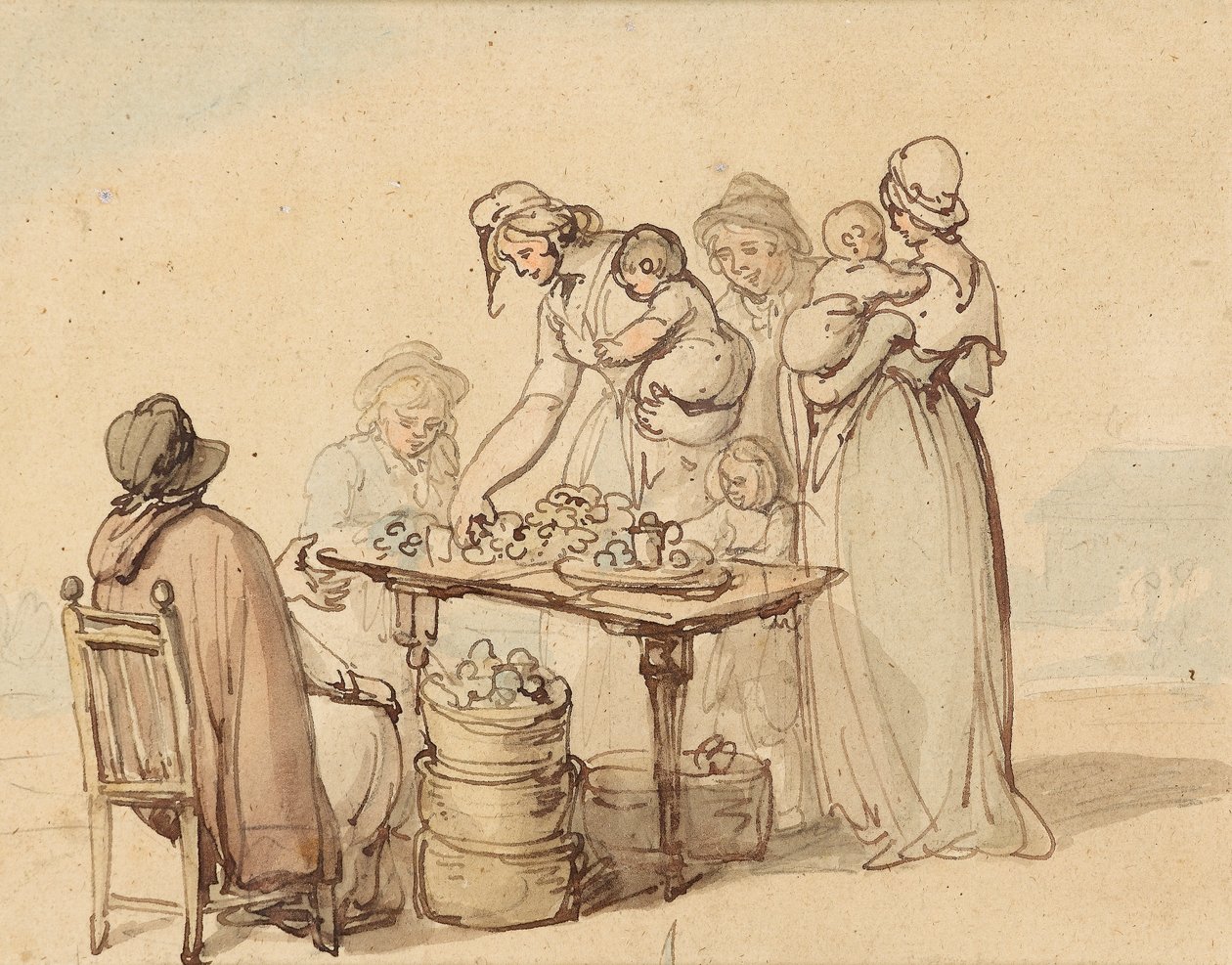 The Oyster Stall (penna & brunt bläck med tvätt på papper) av Thomas Rowlandson