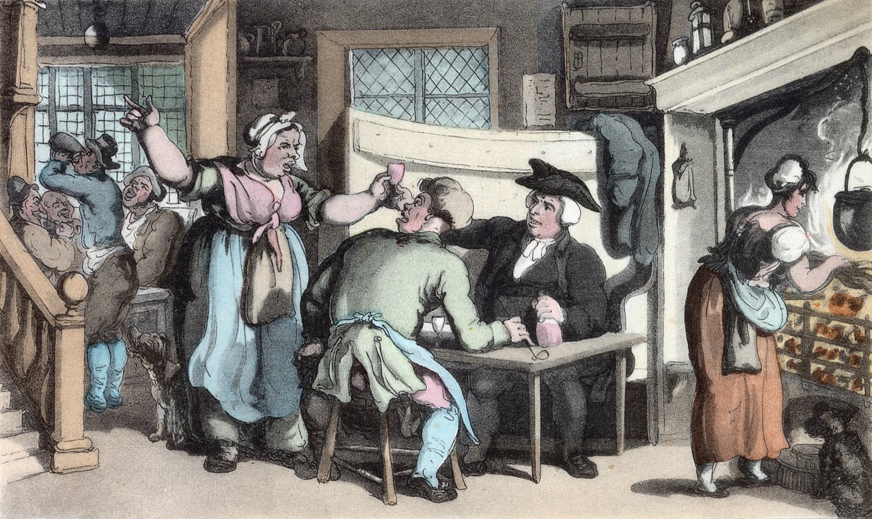 The Scold, med nyheter om Olivia, illustration från "The Vicar of Wakefield" av Oliver Goldsmith, pub. Ackermann, 1817 (handfärgad akvatint) av Thomas Rowlandson