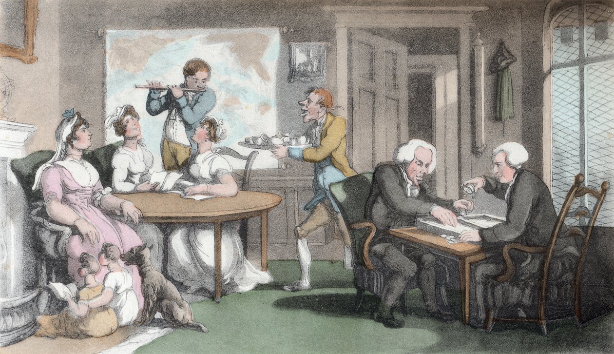 The Social Evening, illustration från "The Vicar of Wakefield" av Oliver Goldsmith, pub. Ackermann, 1817 (handfärgad akvatint) av Thomas Rowlandson