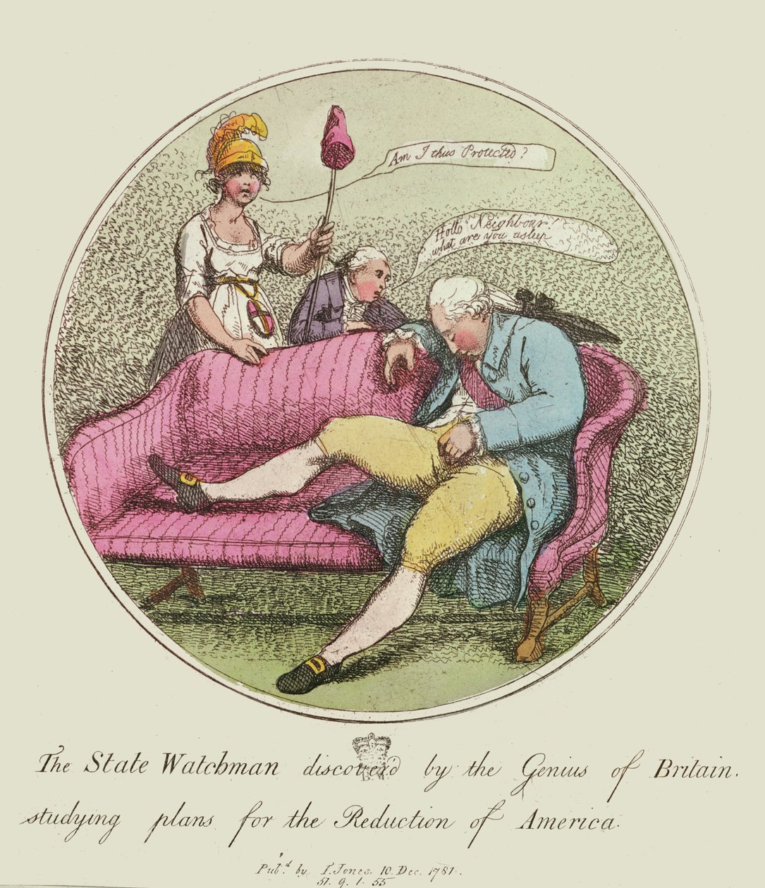The State Watchman upptäckt av brittiska geni, studera planer för minskningen av Amerika, 1781 (färgetsning) av Thomas Rowlandson