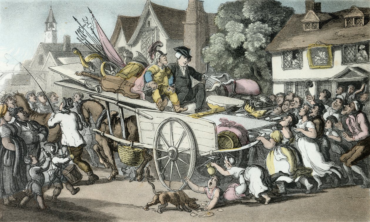 Vicaren i sällskap med promenerande spelare, illustration från "The Vicar of Wakefield" av Oliver Goldsmith, pub. Ackermann, 1817 (handfärgad akvatint) av Thomas Rowlandson