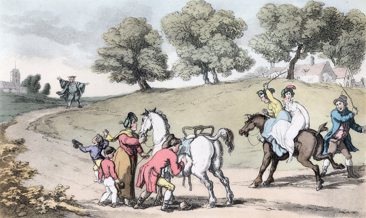 Vikarens familj på väg till kyrkan, illustration från "The Vicar of Wakefield" av Oliver Goldsmith, pub. Ackermann, 1817 (handfärgad akvatint) av Thomas Rowlandson