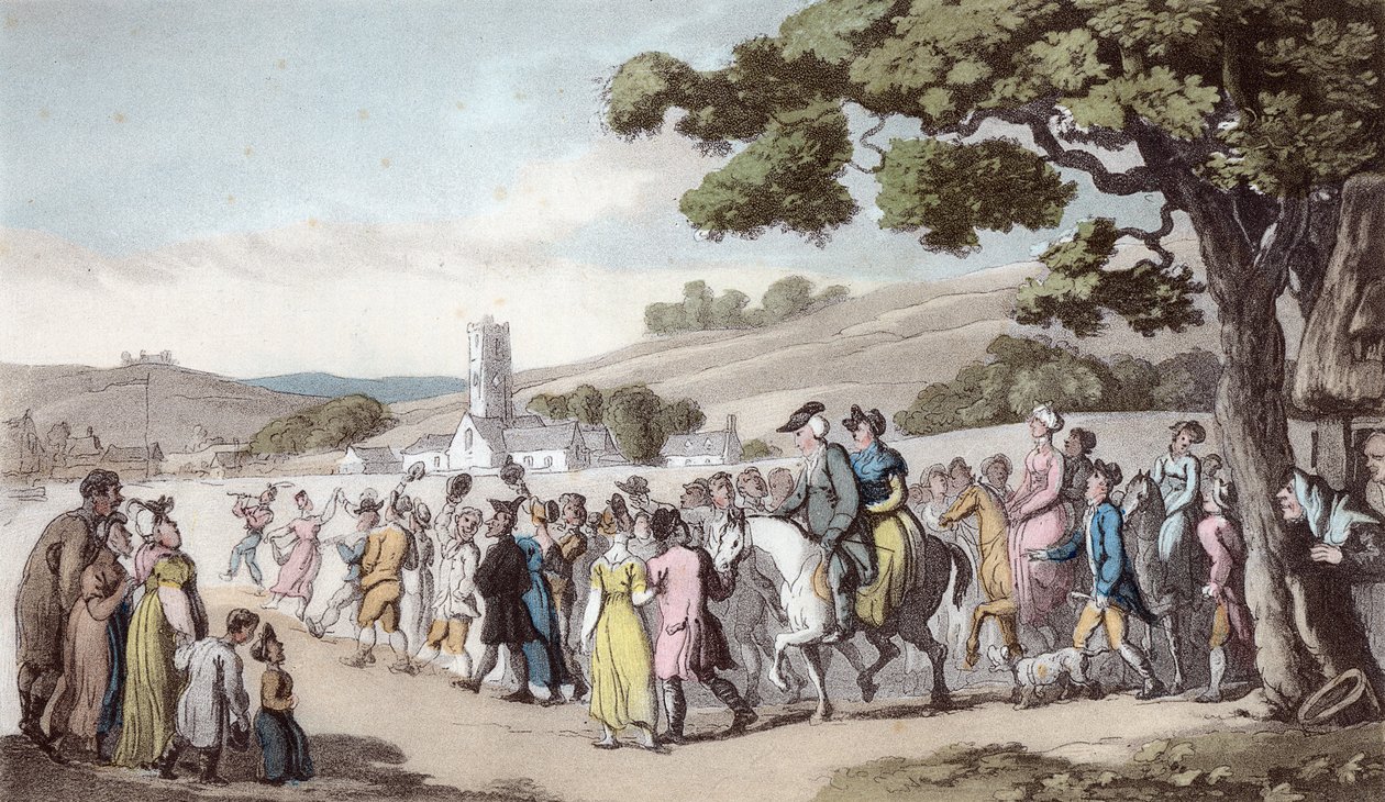 Välkomsten, illustration från "The Vicar of Wakefield" av Oliver Goldsmith, pub. Ackermann, 1817 (handfärgad akvatint) av Thomas Rowlandson