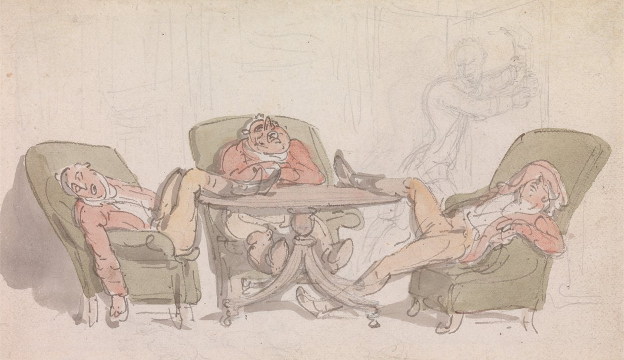 Tre idrottsmän som sover vid bordet i sina stolar av Thomas Rowlandson