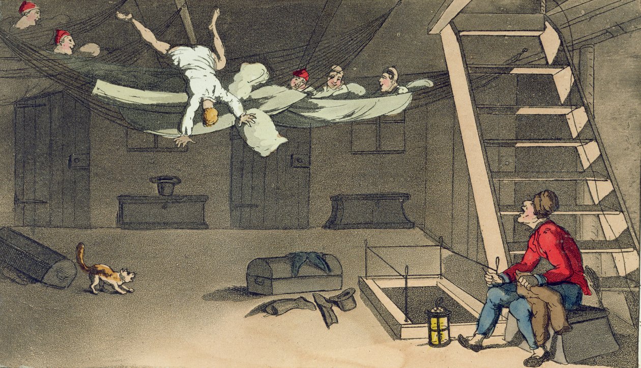 Turning in - and out again, platta från "The Adventures of Johnny Newcome in the Navy" av John Mitford (1782-1831) graverad av W. Read, 1818 av Thomas Rowlandson