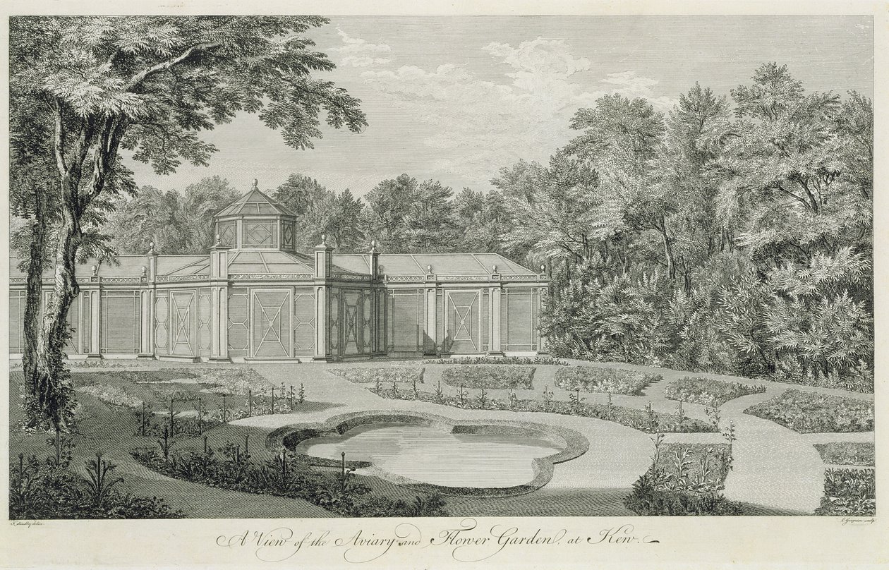 En vy av fågelträdgården och blomsterträdgården i Kew, från "Plans, Elevations, Sections and Perspective Views of the Gardens and Buildings at Kew in Surry", av Sir William Chambers (1726-96), graverad av Cha av Thomas Sandby