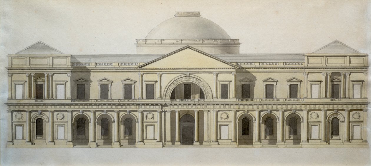 Tävlingsdesign för Royal Exchange-byggnaden i Dublin, ca 1769 (penna och bläck med färgad tvätt på papper) av Thomas Sandby