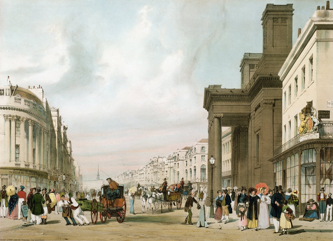 Regent Street Looking Towards the Quadrant, från "London As It Is", graverad och pub. av konstnären, 1842 av Thomas Shotter Boys