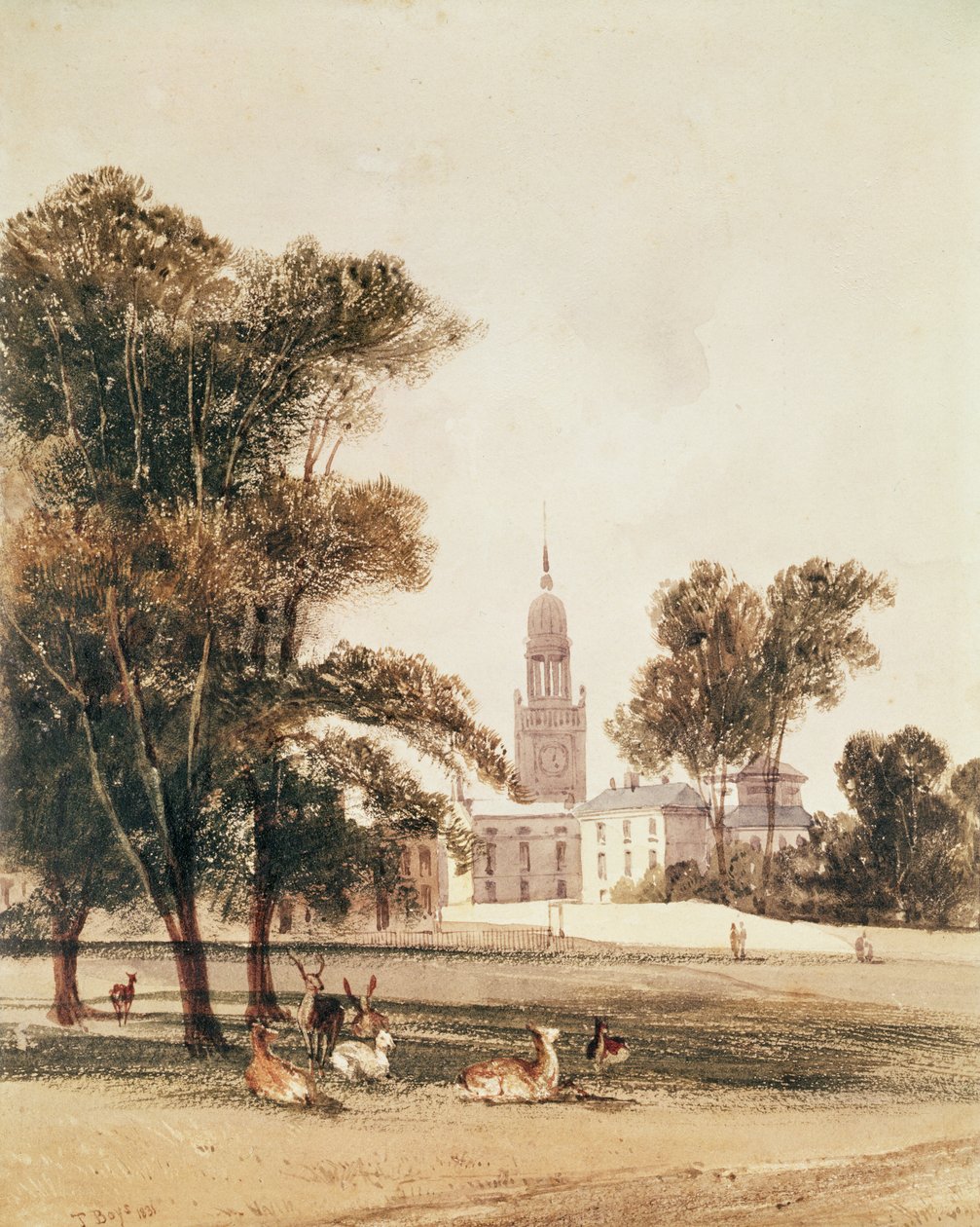 The Church of St Alphage from the Park, Greenwich, 1831 swed av Thomas Shotter Boys