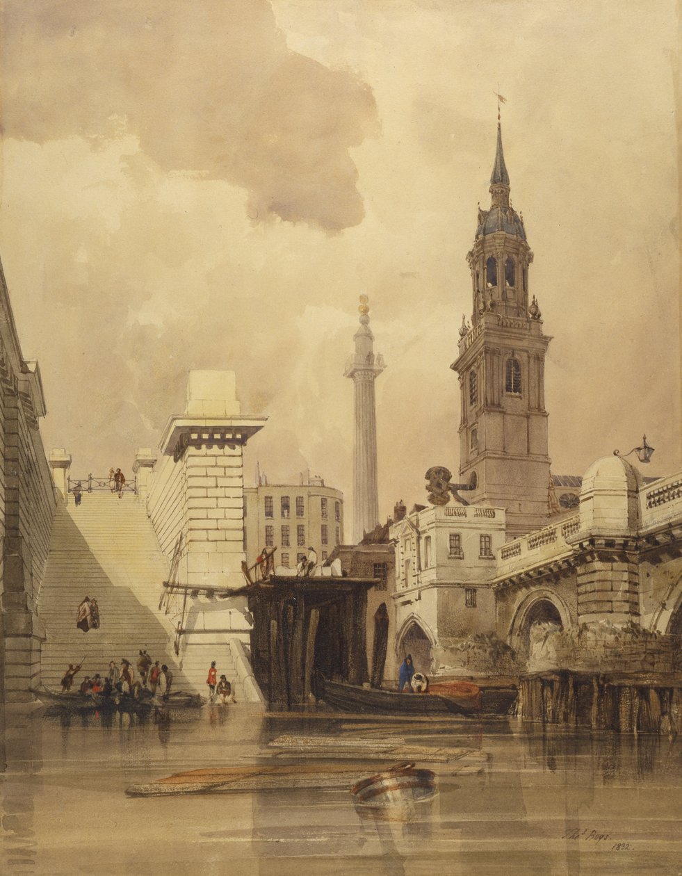 The Church of St. Magnus the Martyr vid London Bridge, med monument i bakgrunden (wc på papper) av Thomas Shotter Boys