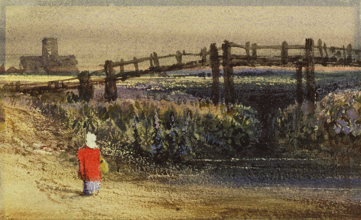 Gångbron (Landskap med röd mantel) (wc och gummi arabicum på papper) av Thomas Shotter Boys