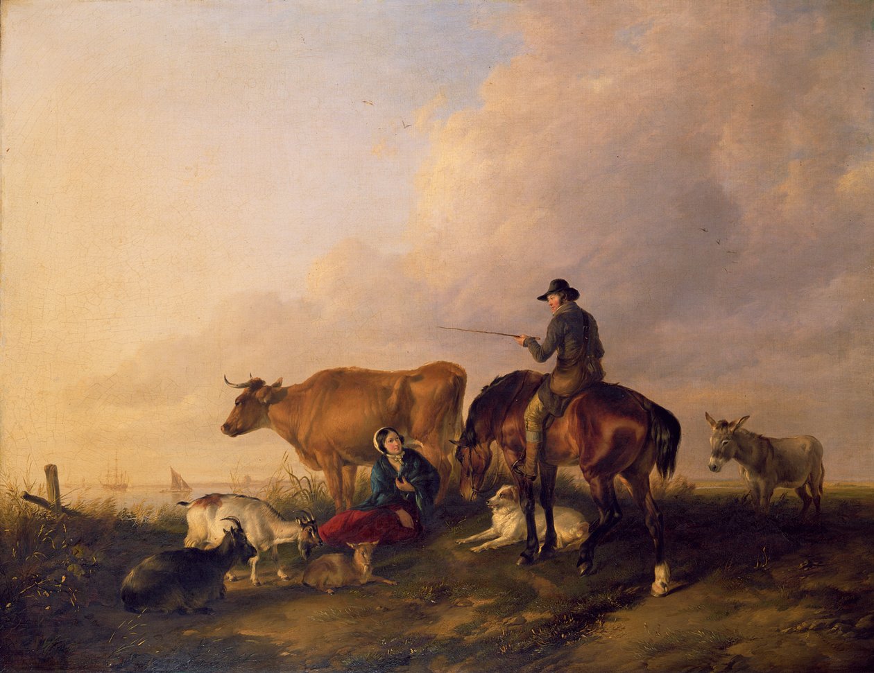 Kustlandskap med figurer och djur av Thomas Sidney Cooper