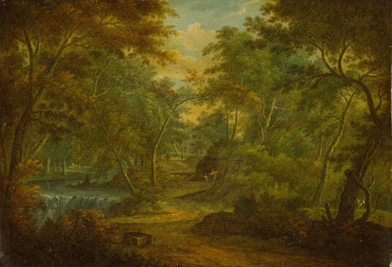 A Wooded Landscape with a Stream and a Fisherman av Thomas Smith of Derby