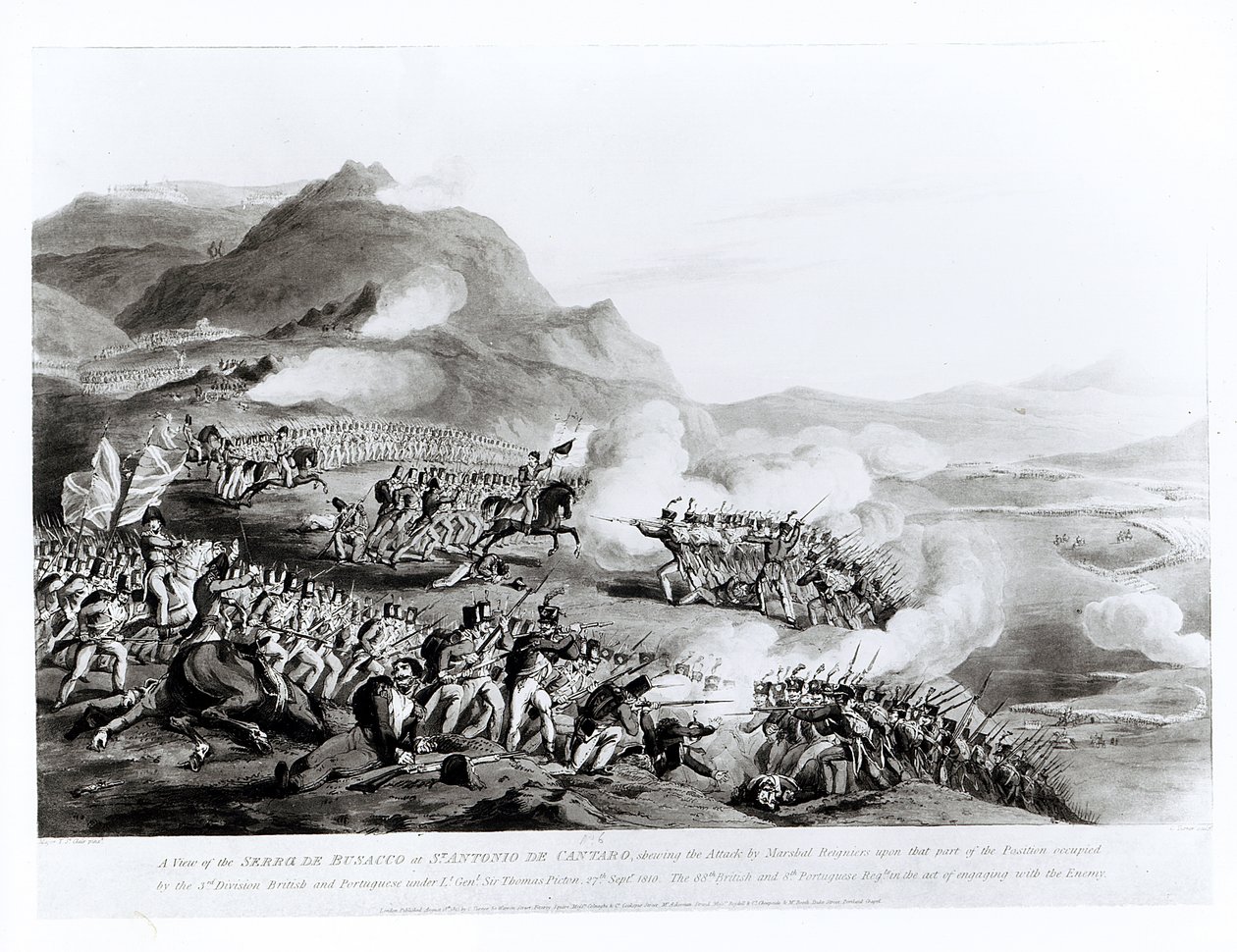 En vy av Serra de Busacco vid San Antonio de Cantara som visar marskalk Reigniers attack mot de brittiska och portugisiska styrkorna under generallöjtnant Sir Thomas Picton, 27 september 1810, gravering av Thomas Staunton St. Clair