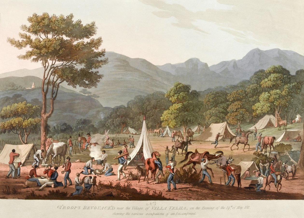 Trupper Bevouack?d [sic] nära byn Villa Velha, på kvällen den 19 maj 1811, visade [sic] de olika ockupationerna av ett Emcampment, 1810-11 av Thomas Staunton St. Clair