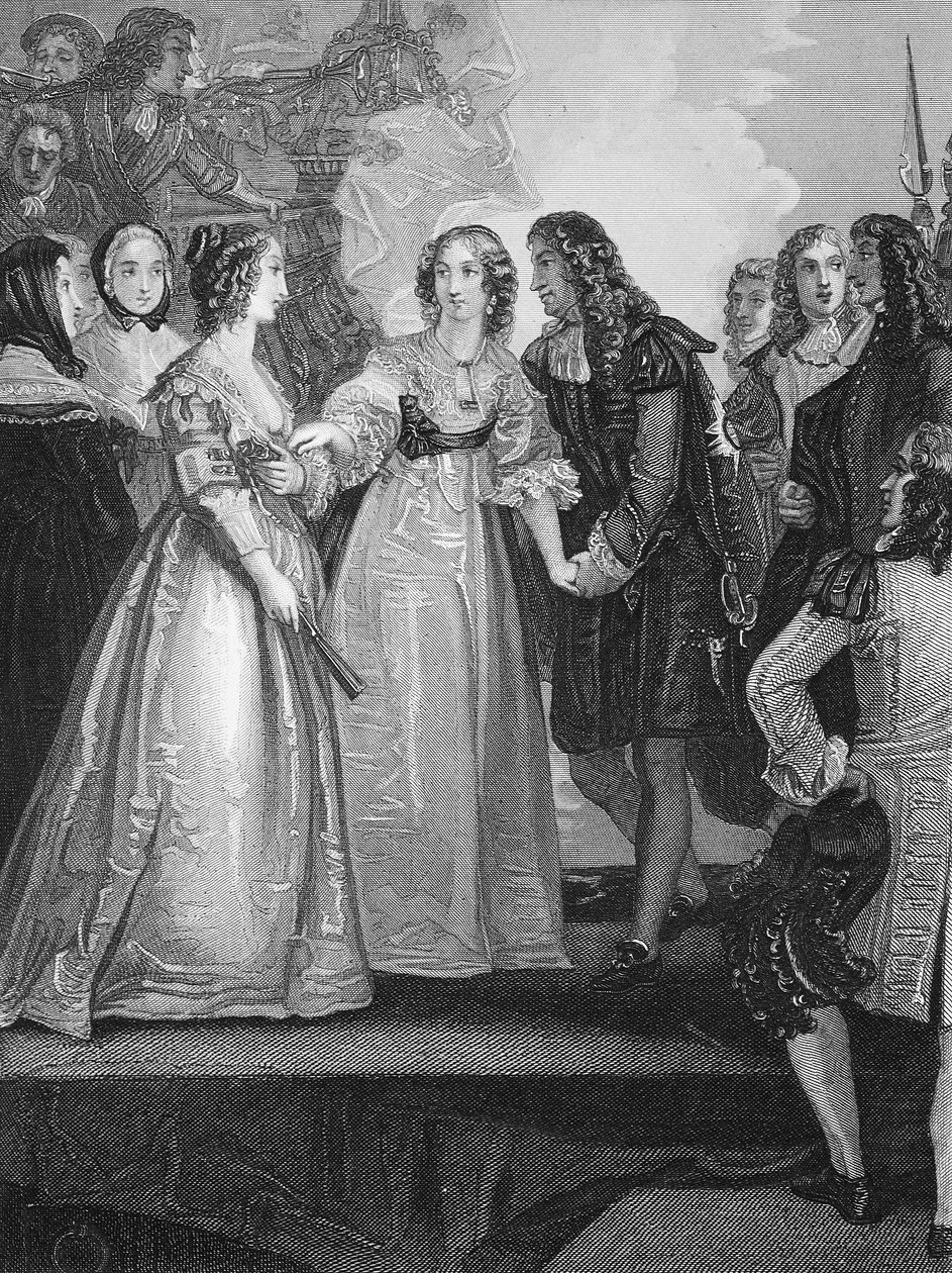 Charles II tar emot hertiginnan av Orleans i Dover, graverad av A.H. Payne av Thomas Stothard