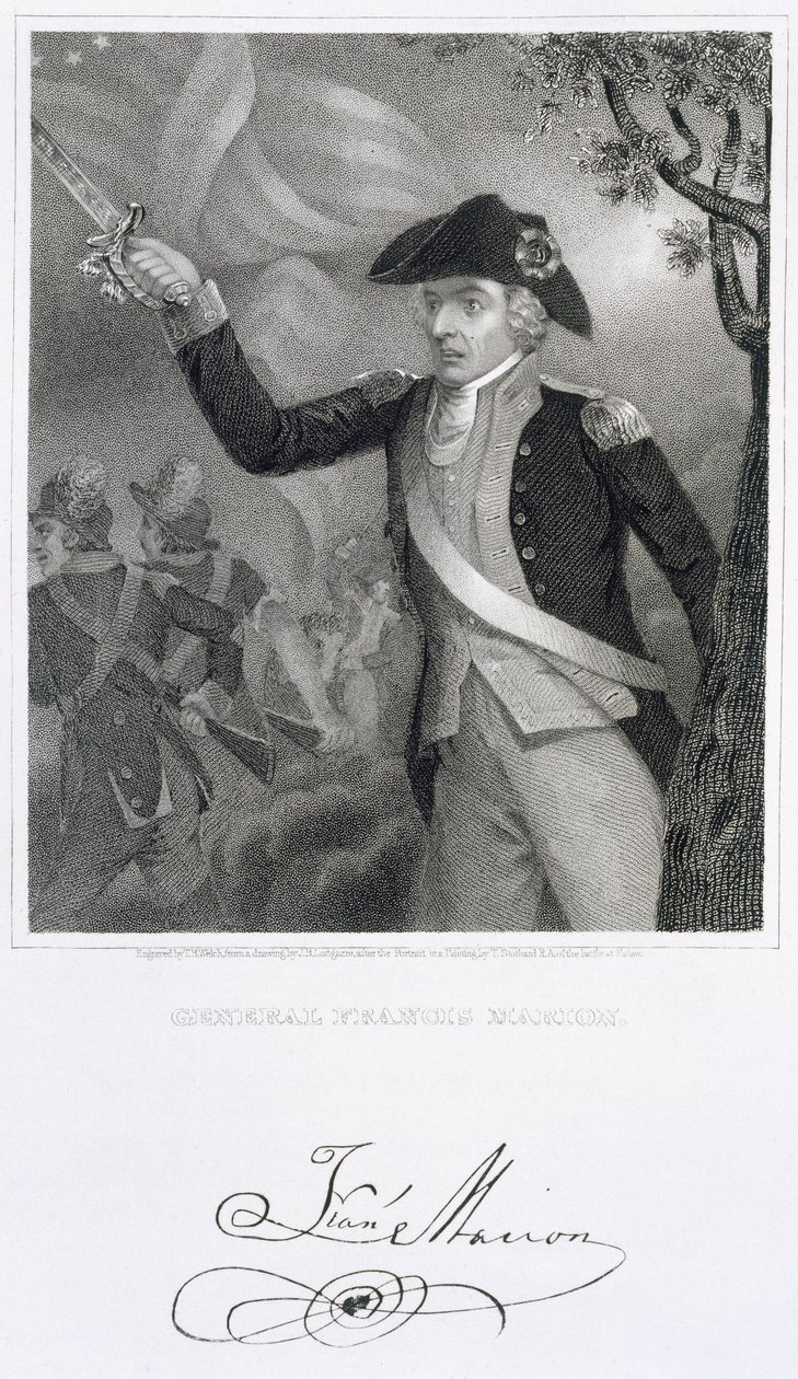 Porträtt av general Francis Marion vid slaget vid Eutaw Springs, 1781, graverat av Thomas B. Welch (1814-74) från en teckning av James Barton Longacre (1794-1869) av Thomas Stothard