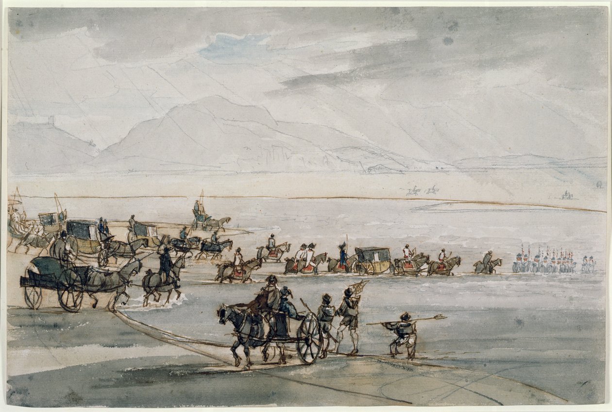 The High Sheriff of Lancashire Crossing Morecambe Sands (wc, penna och bläck på papper) av Thomas Sunderland