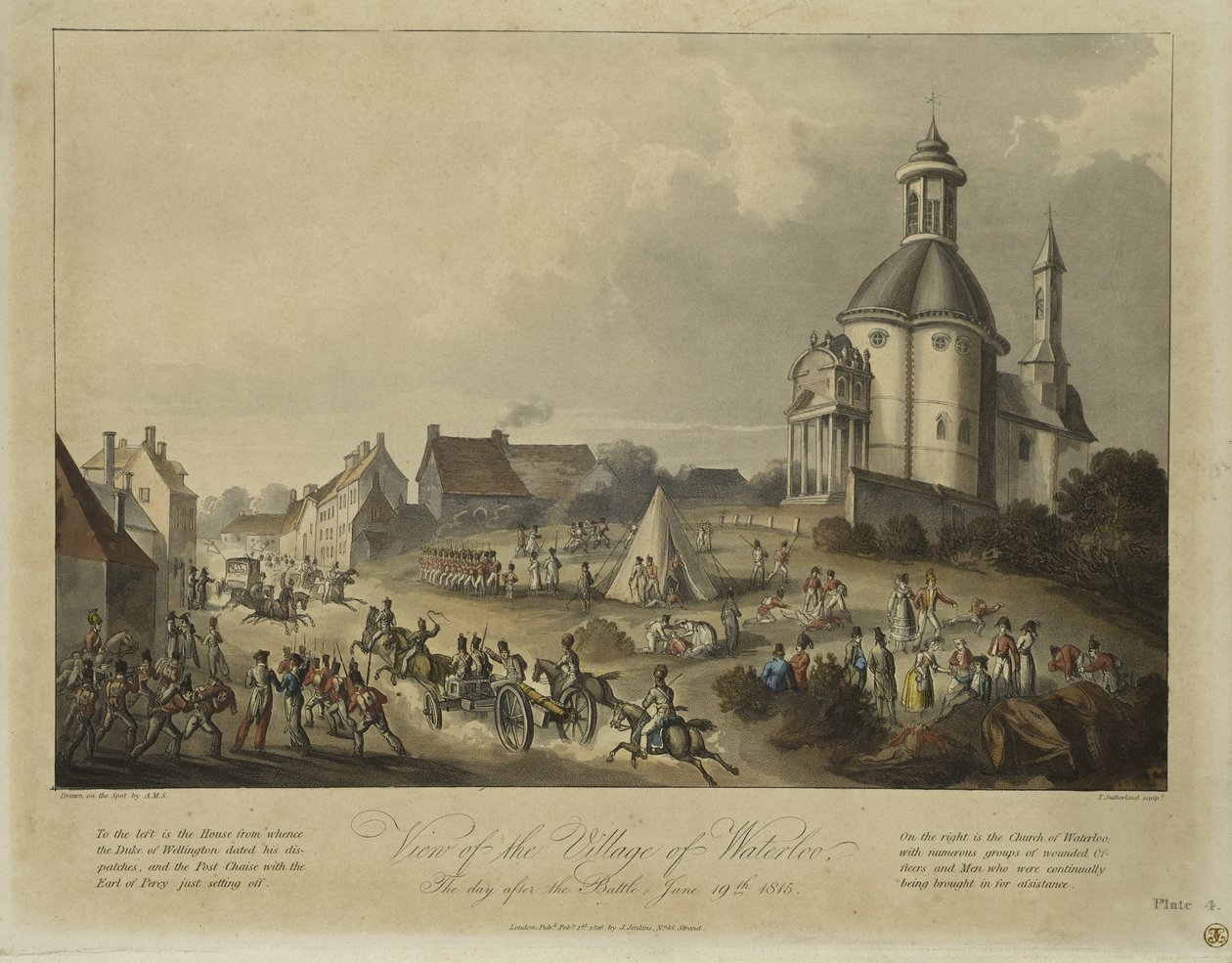 Utsikt över byn Waterloo, dagen efter slaget, 19 juni 1815, efter A.M.S., publicerad av James Jenkins, 1 februari 1816 (färgakvatint) av Thomas Sutherland