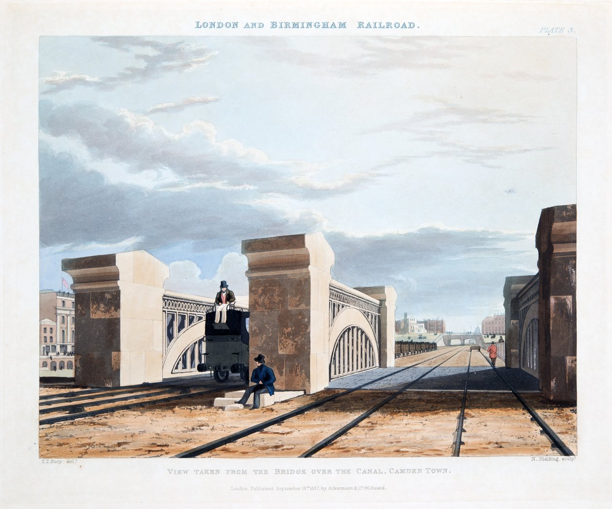 Vy från bron över kanalen, Camden Town, 1837 (handkolorerat gravyr) av Thomas Talbot Bury