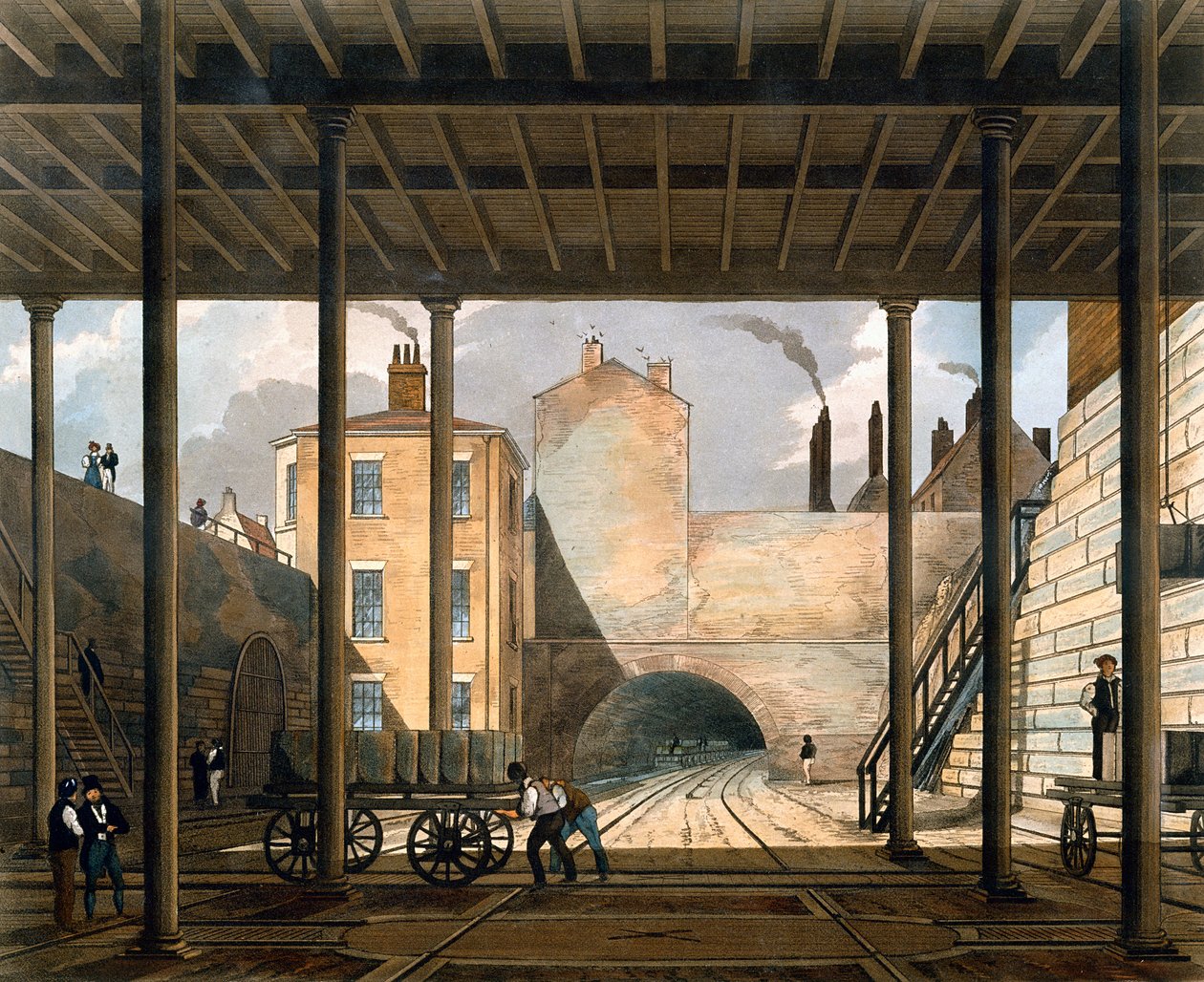 Lagerlokaler etc. i slutet av tunneln mot Wapping, platta 9 från "Coloured View of the Liverpool und Manchester Railway", graverad av S.G. Hughes, utgiven av Ackermann und Co. i London, 1831 (färg). av Thomas Talbot Bury