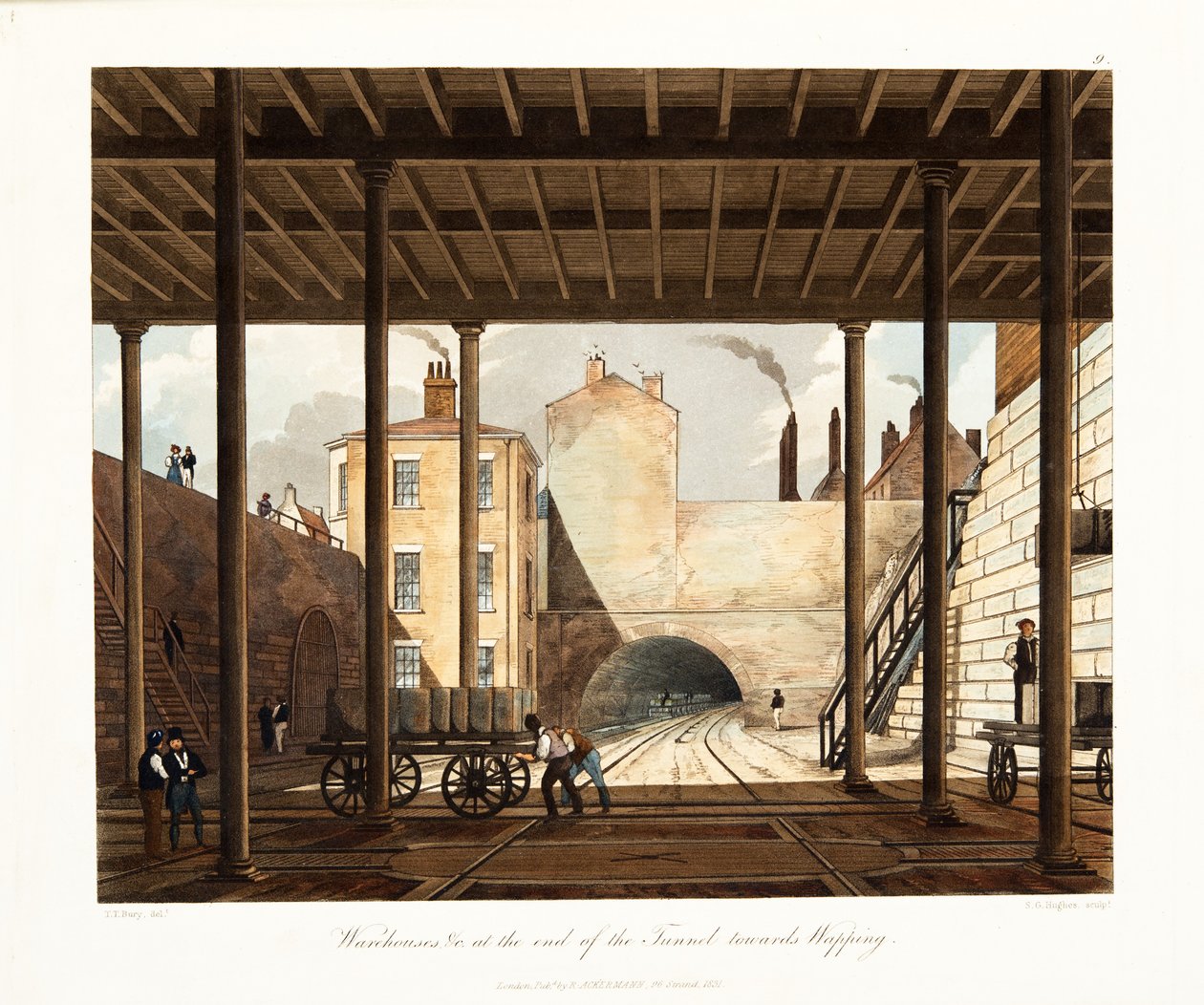 Lager etc i slutet av tunneln mot Wapping, publicerad 1831 (handfärgad gravyr) av Thomas Talbot Bury